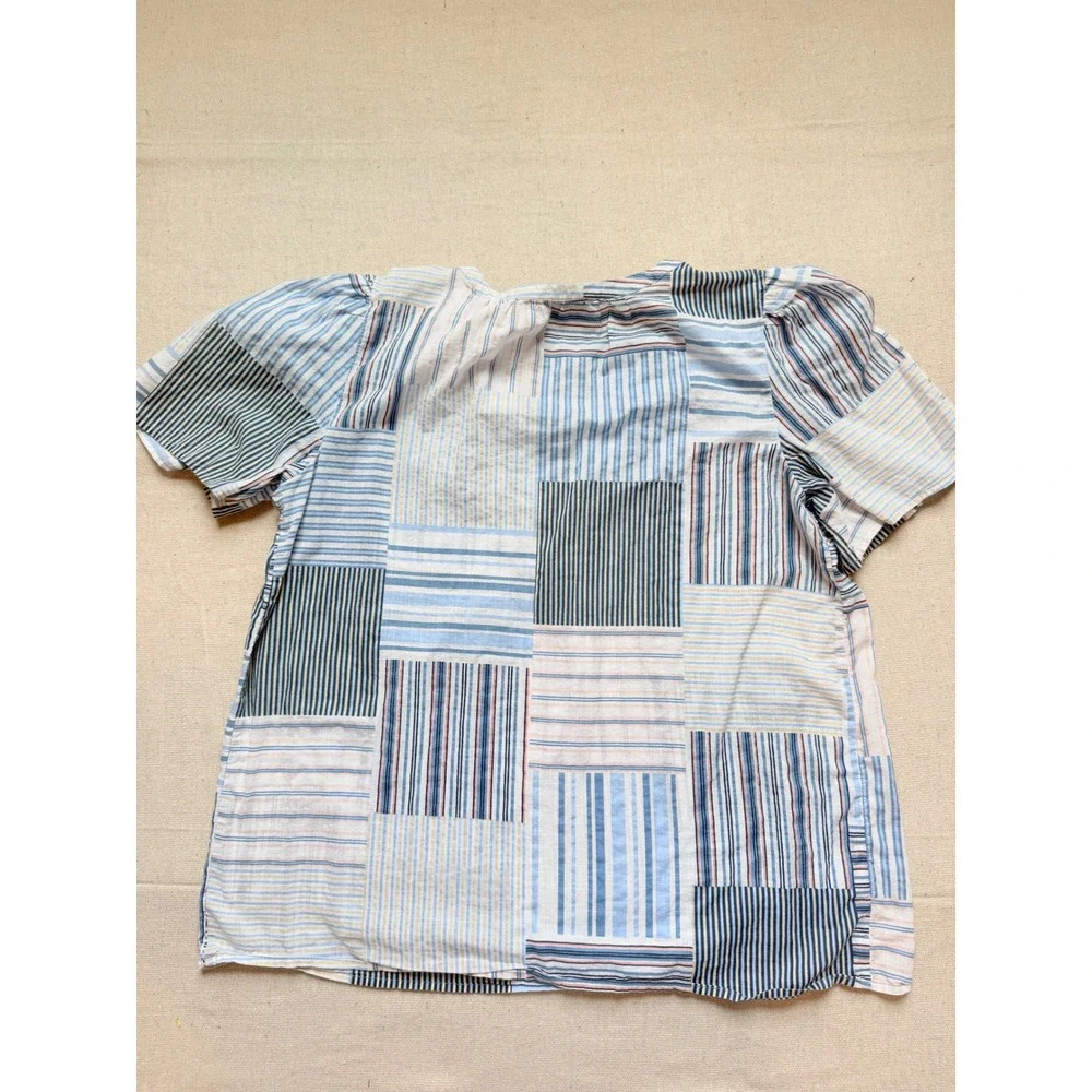 Loft Blue White Striped Patchwork Split Neck Tie Blouse Short Puff Sleeve Small